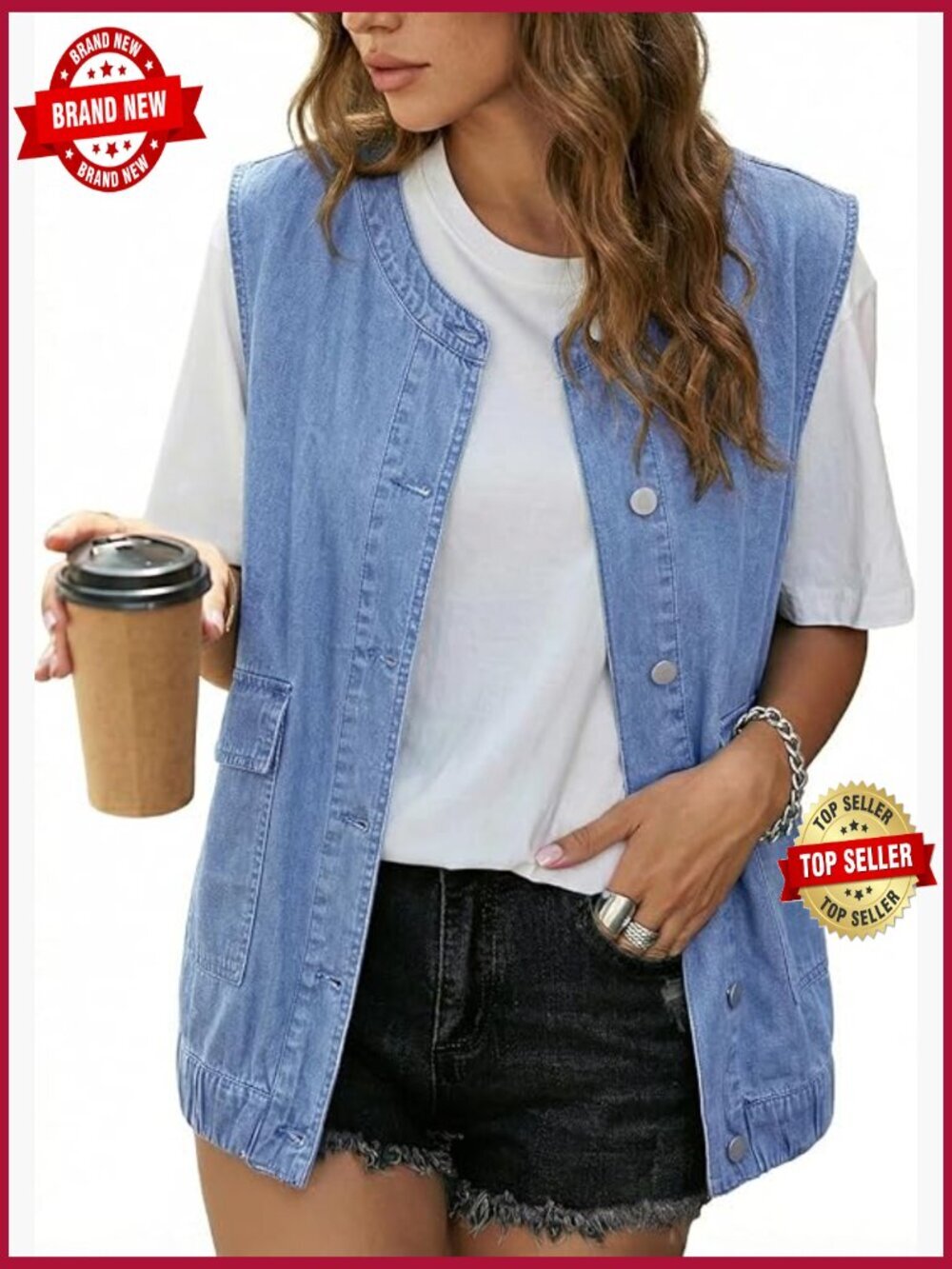 Sleeveless Button Down Jean Vest with Pockets
